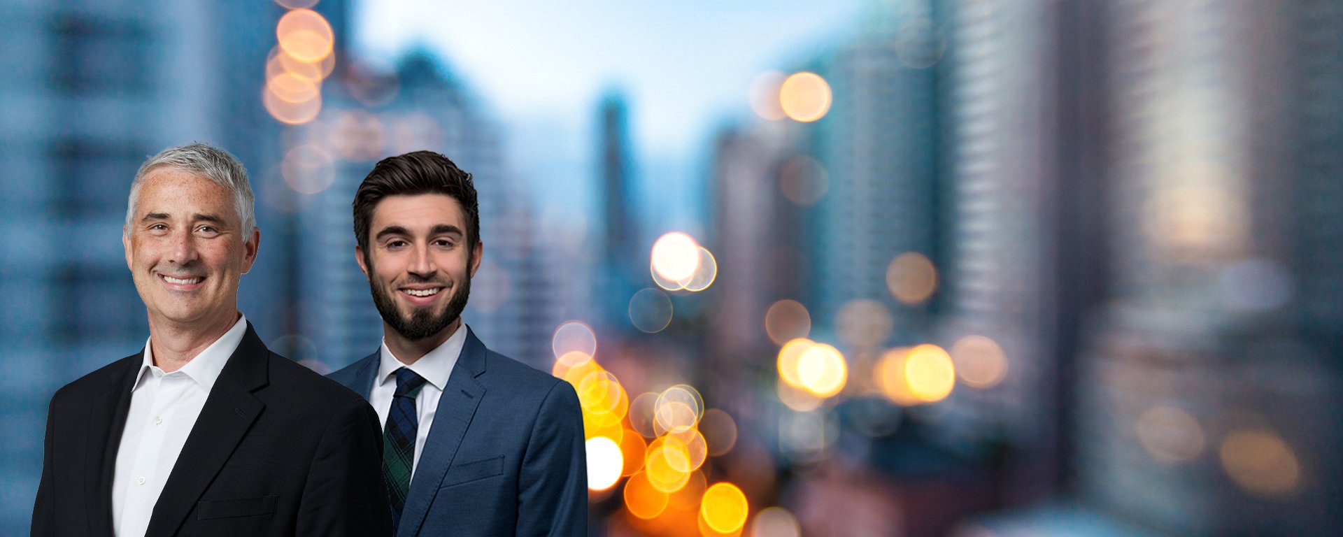 Mike Antonelli and Ross Mayfield in front of a cityscape