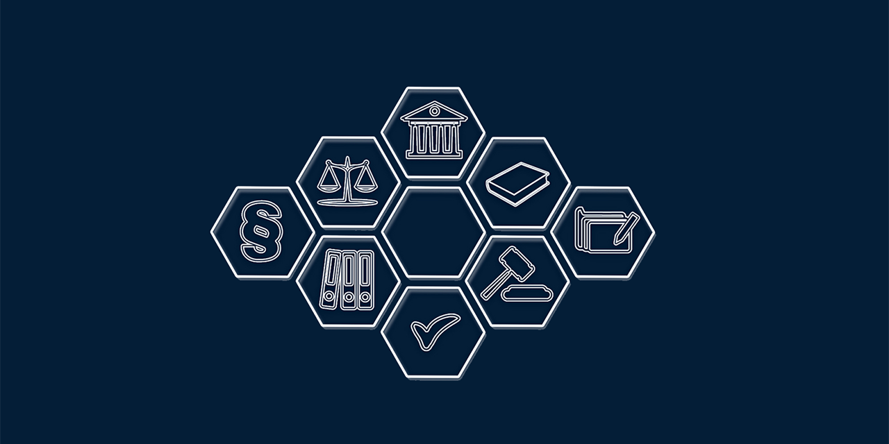 Legal and compliance icons on a blue background