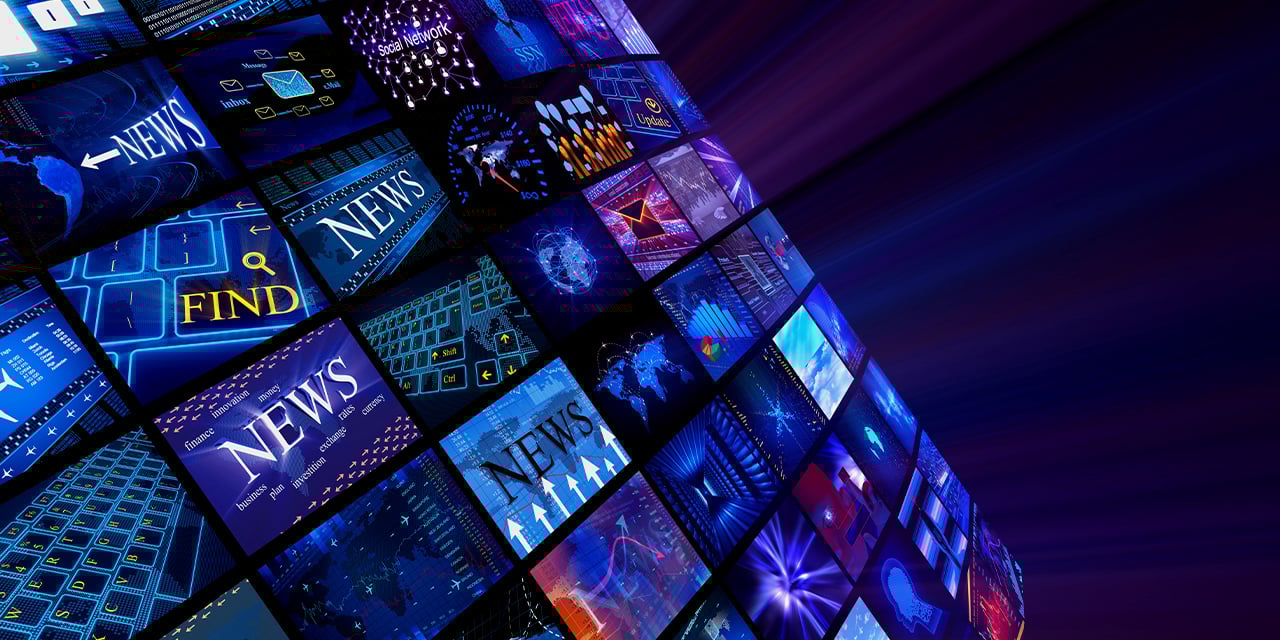 Collage of video screens showing abstracts of news stations.