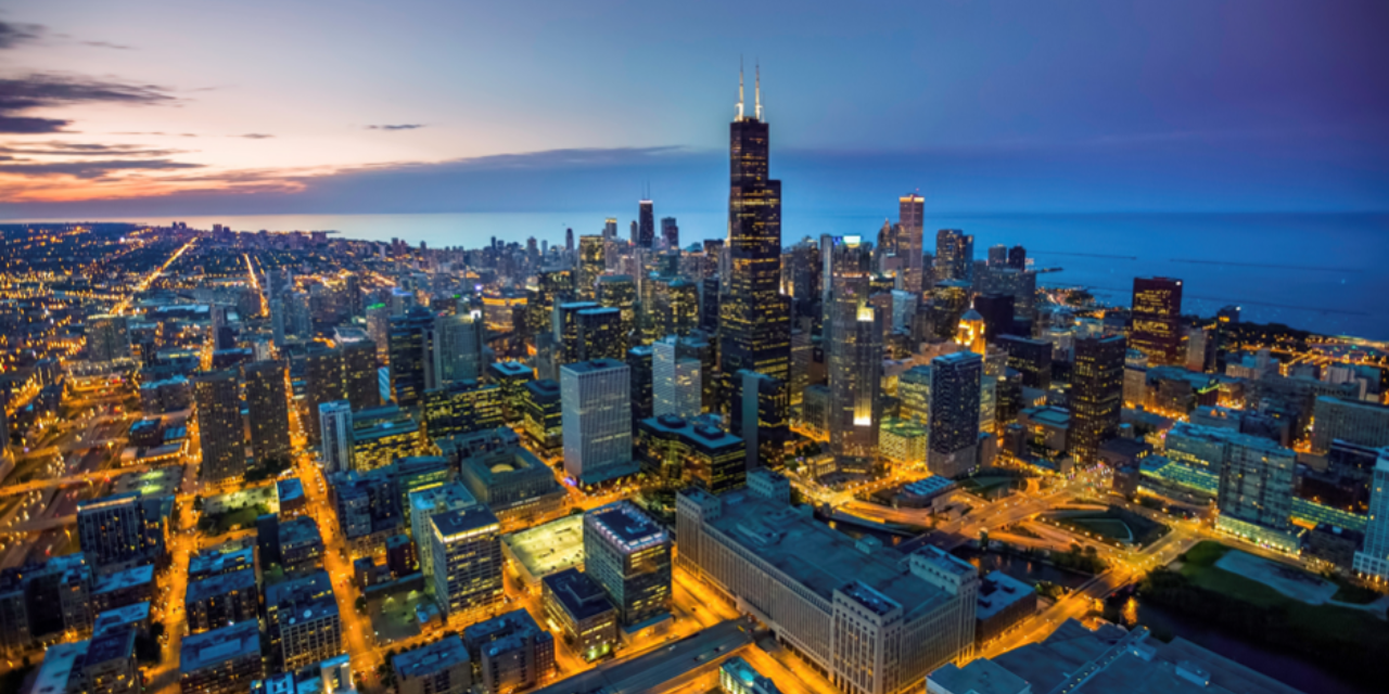 Arial photo of large city at night