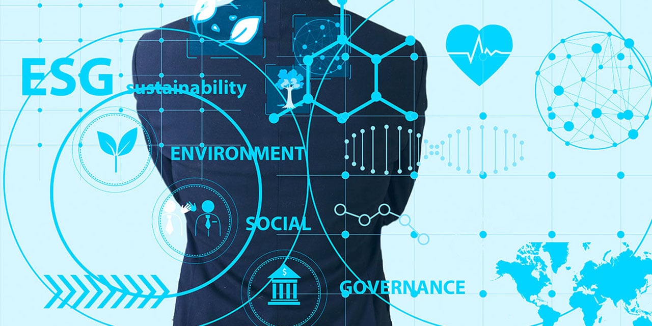 Outline of a person overlaid by words and symbols related to ESG.